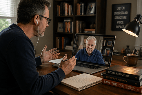 A ghostwriter interviewing a client via video.