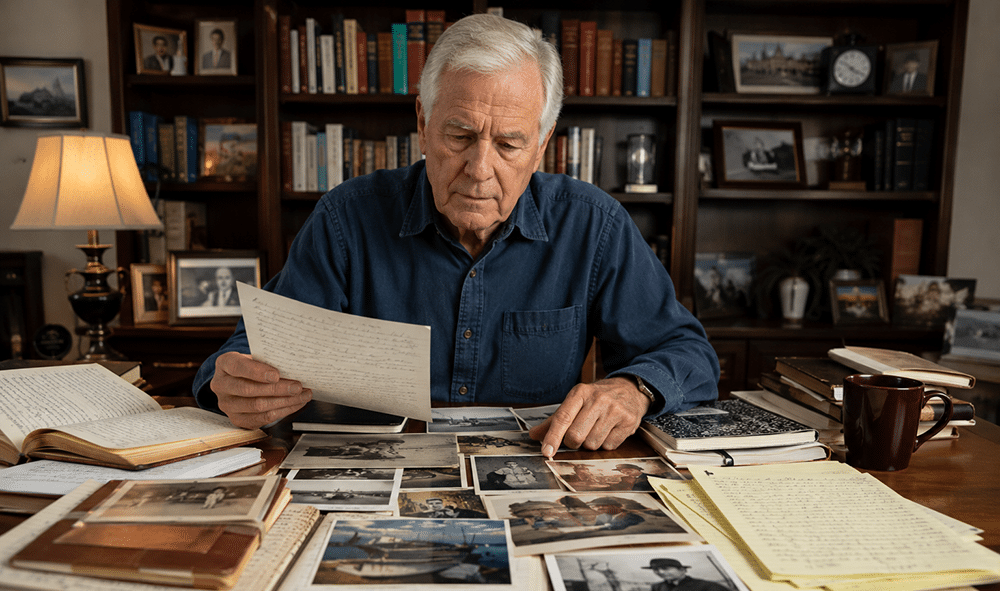 A senior organizing his materials for a ghostwriter.