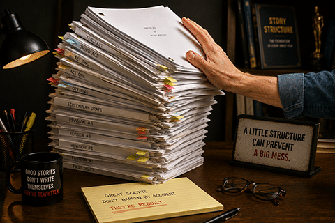 A stack of wobbly screenplays in need of a script doctor 480w