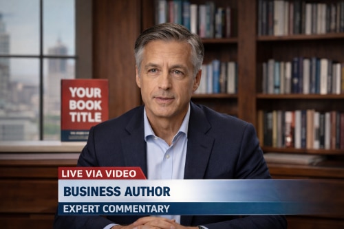 A business author in a TV interview from home, with his memoir on a shelf behind him.