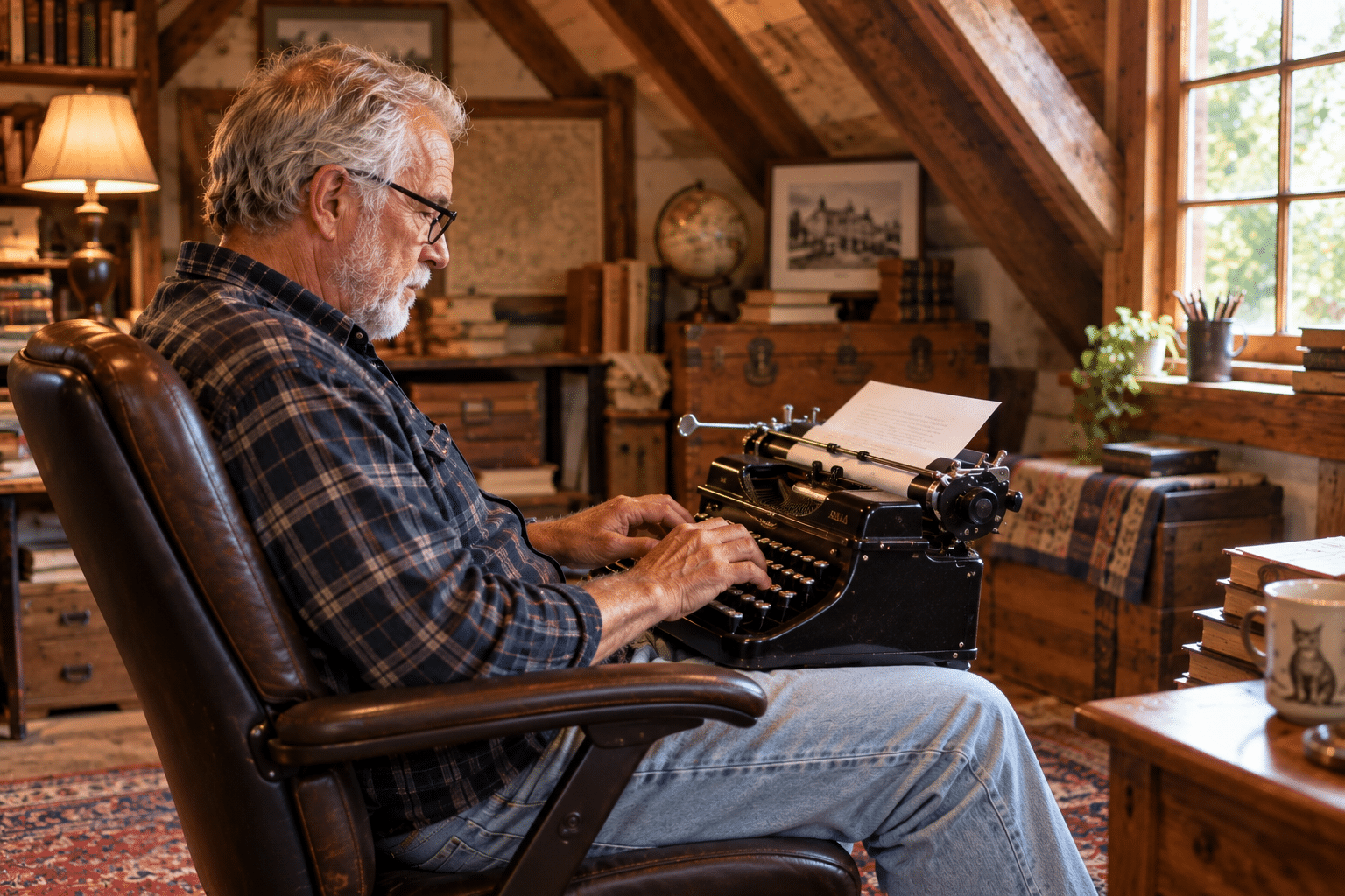 Old man in an attic typewriter in his lap