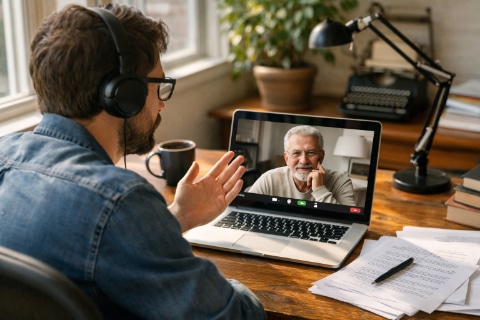 Professional ghostwriter on a Zoom call with a client 480w