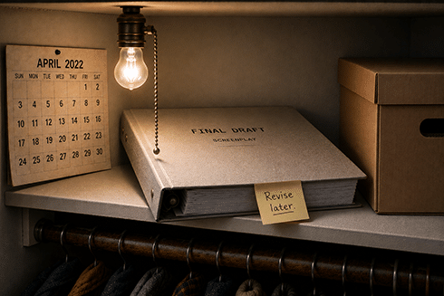 Screenplay on a closet shelf. 490w