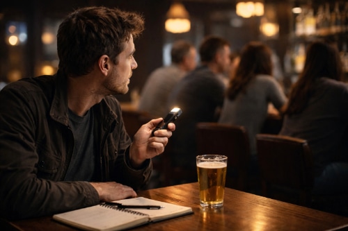 Screenwriter studying real conversation bar dialogue 500w