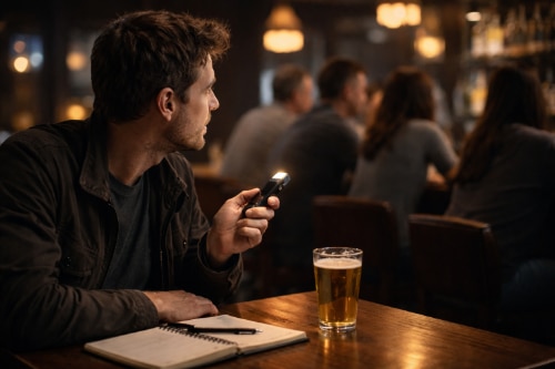 Screenwriter studying real conversation bar dialogue.