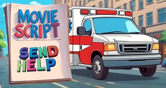 Script Doctor - Send Help! cartoon image with ambulance.