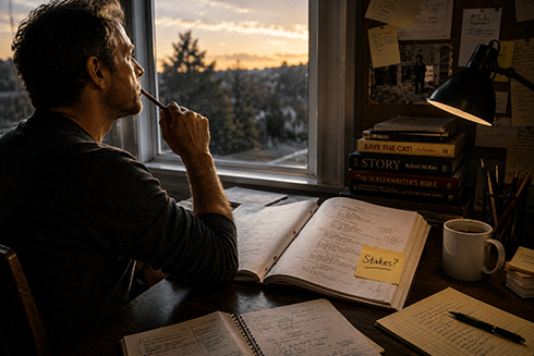 Script doctor thinking about the stake at risk in a screenplay. 490w
