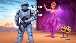 If you're in uniform with a weapon, you're a trooper. If you're on stage saving the show, you're a trouper.
