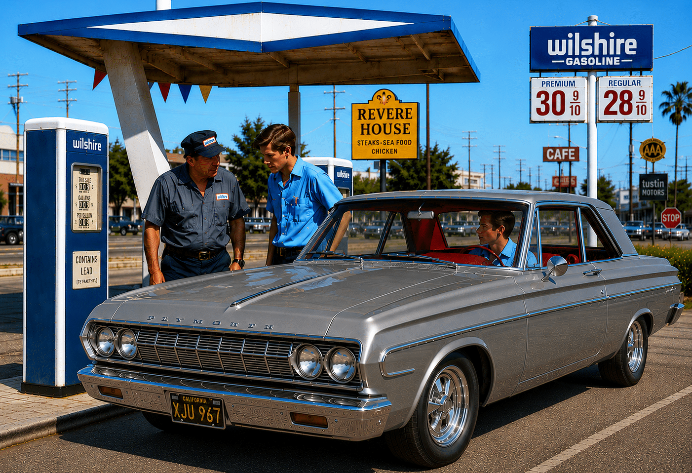 Wilshire Gas Station and 1964 Plymouth Belvedere. The owner is teaching the young man how to run a gas station.
