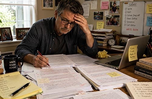 Writer at Desk with Marked Up Manuscript