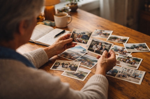 Sorting old photos for memoir writing.